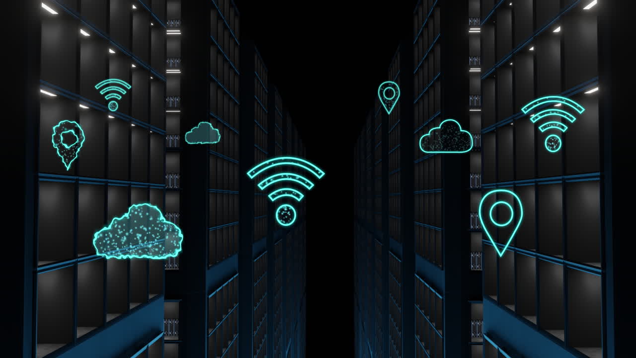 Animation of cloud and wifi icons, data processing over computer servers