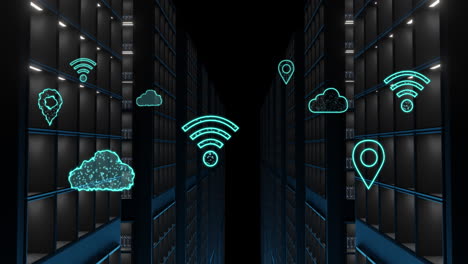 animation of cloud and wifi icons, data processing over computer servers