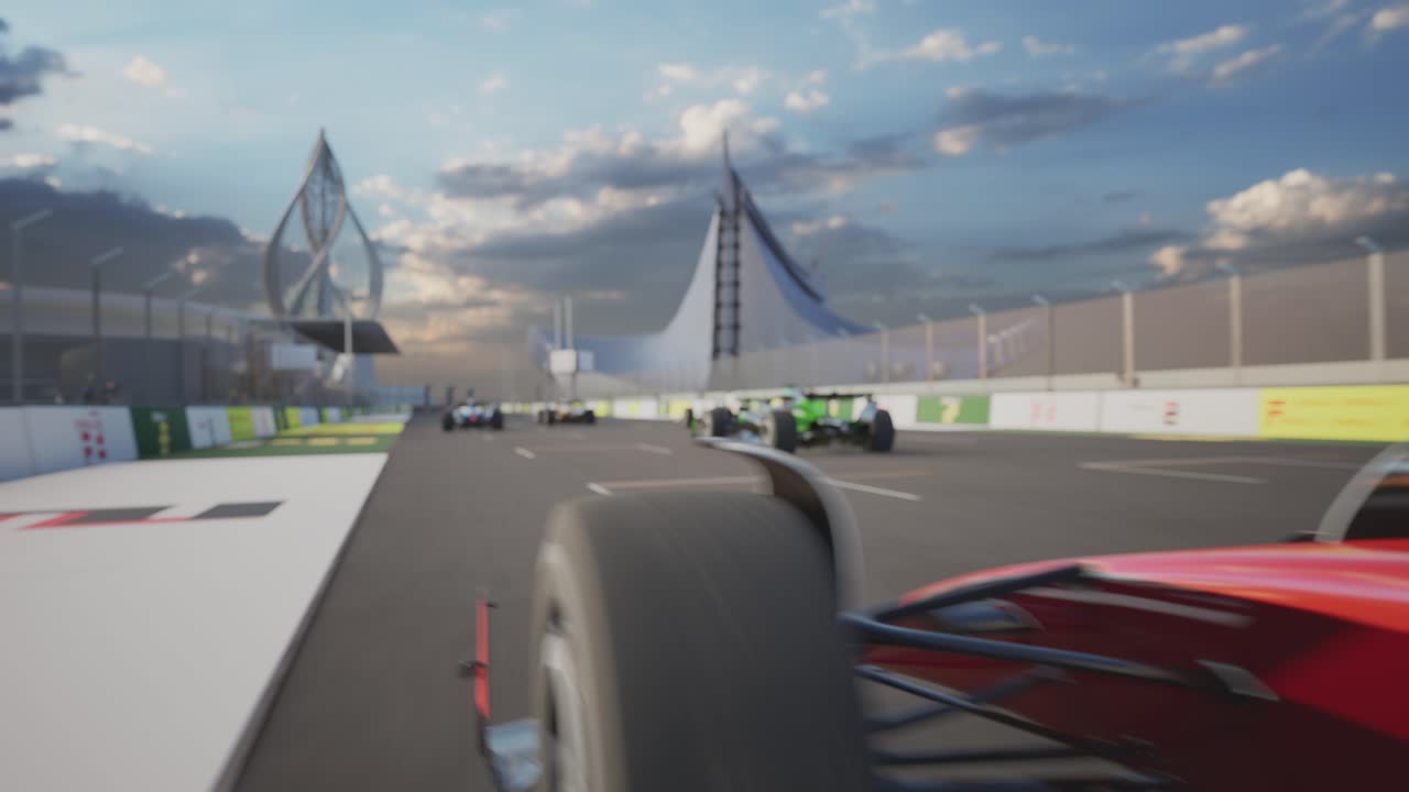 Højhastigheds-racerbiler på en moderne racerbane, F3