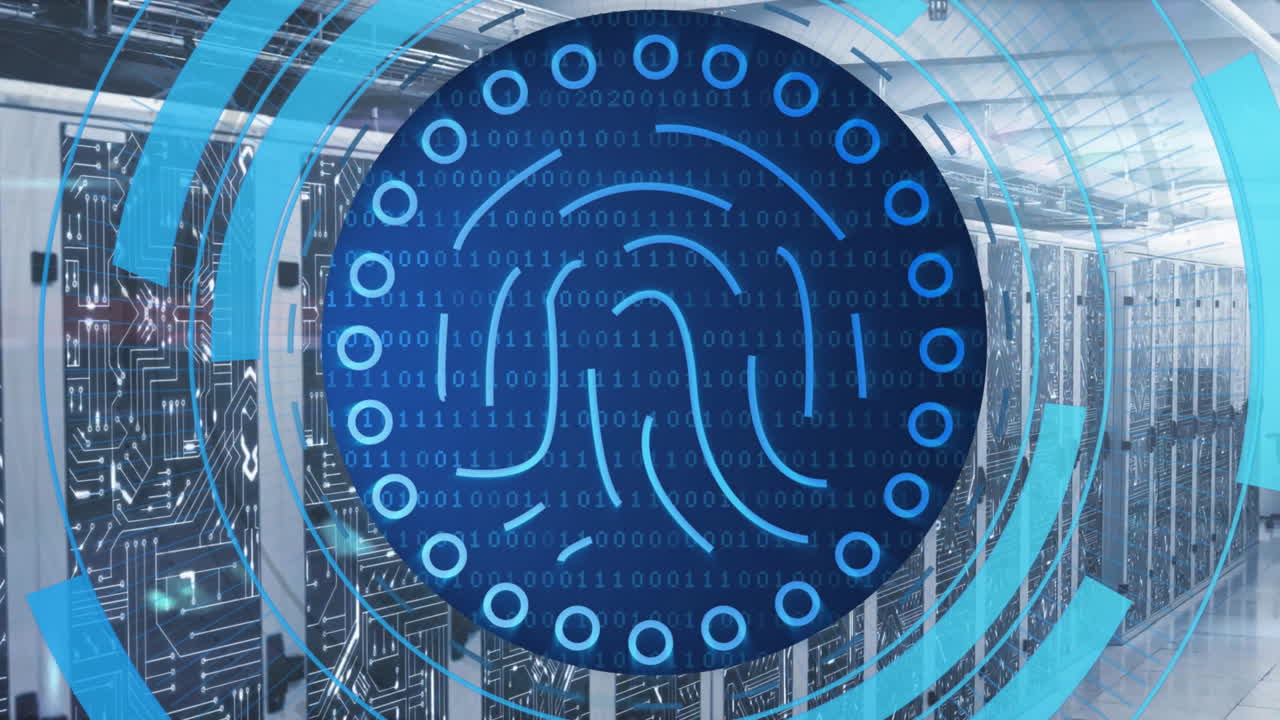 animación del procesamiento del escáner biométrico de huellas dactilares y la red a través de la sala de servidores