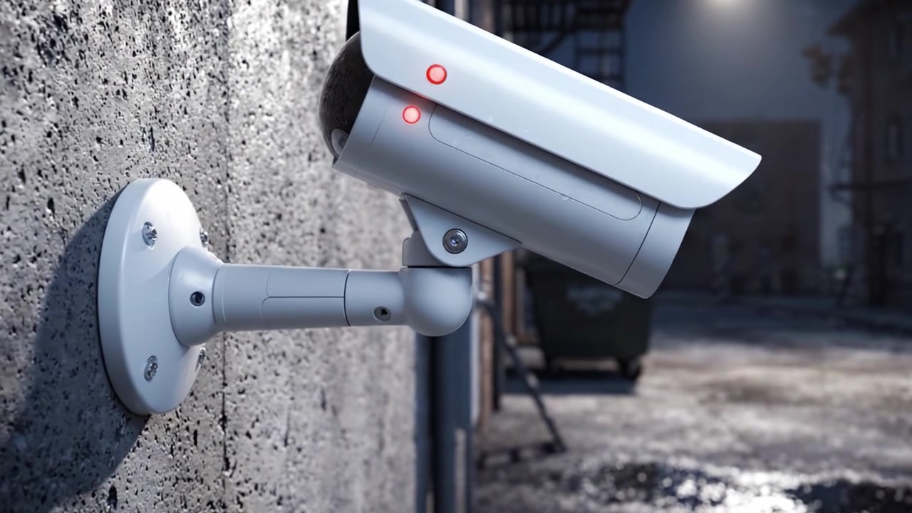 Surveillance Camera Monitoring a Dimly Lit Urban Environment with Detailed Focus on Lens and Design, Highlighting Security Measures in Modern Infrastructure