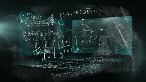 animación de fórmulas matemáticas flotando sobre tres tablas de fondo