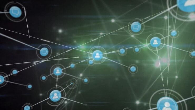Animation of network of connections with icons over network of connections