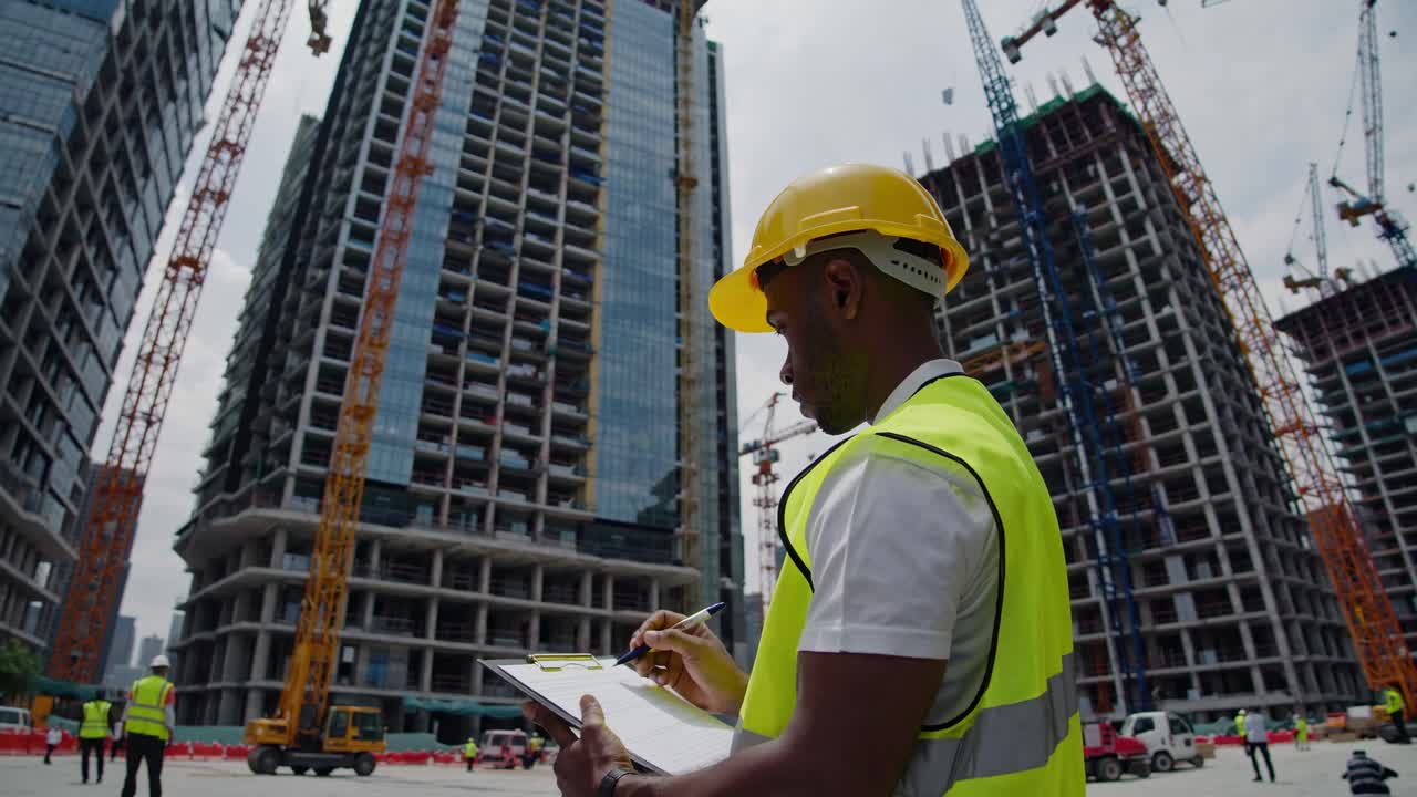 Construction worker reviewing documents on a building site