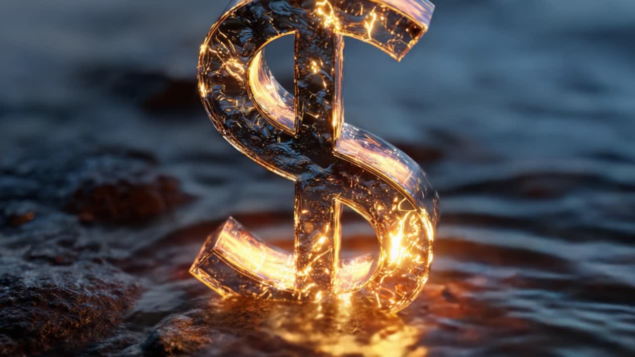 A sparkling dollar sign glowing in reflective water, showcasing the interplay of light and fluid elements, symbolizing wealth and financial prosperity