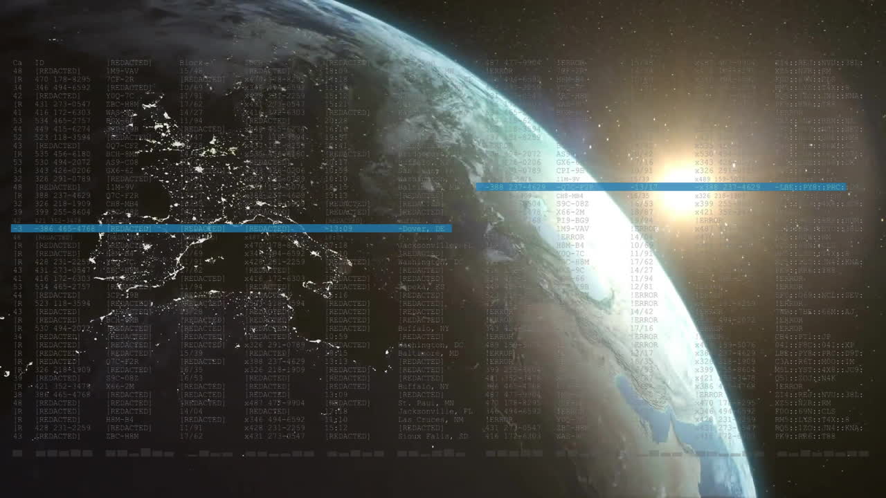Animation showing Earth from space with digital data overlay and sunlight shining