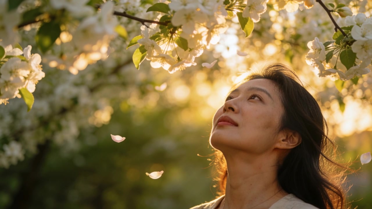 Donna che osserva inclinando la testa, seguendo i petali mentre la brezza li solleva dai fiori in giardino, con spazio per il testo.
