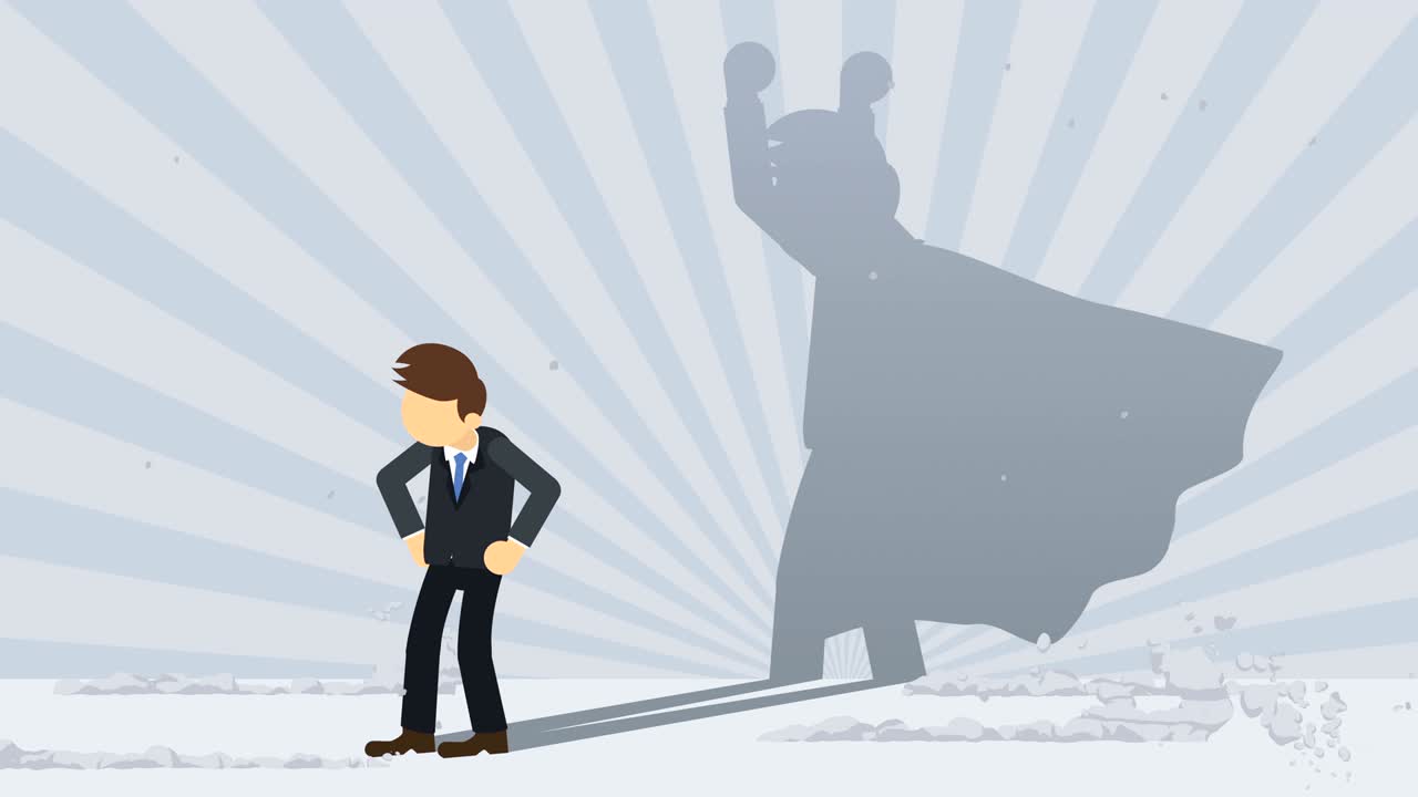 슈퍼히어로 그림자와 함께 서있는 사업가, 비즈니스 기호, 우승자 및 도전 개념, 만화 루프 애니메이션