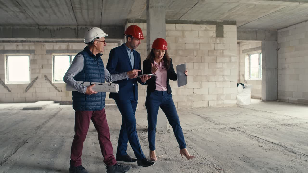 Wide shot video of group of  caucasian engineers and investors walking and discussing on construction site