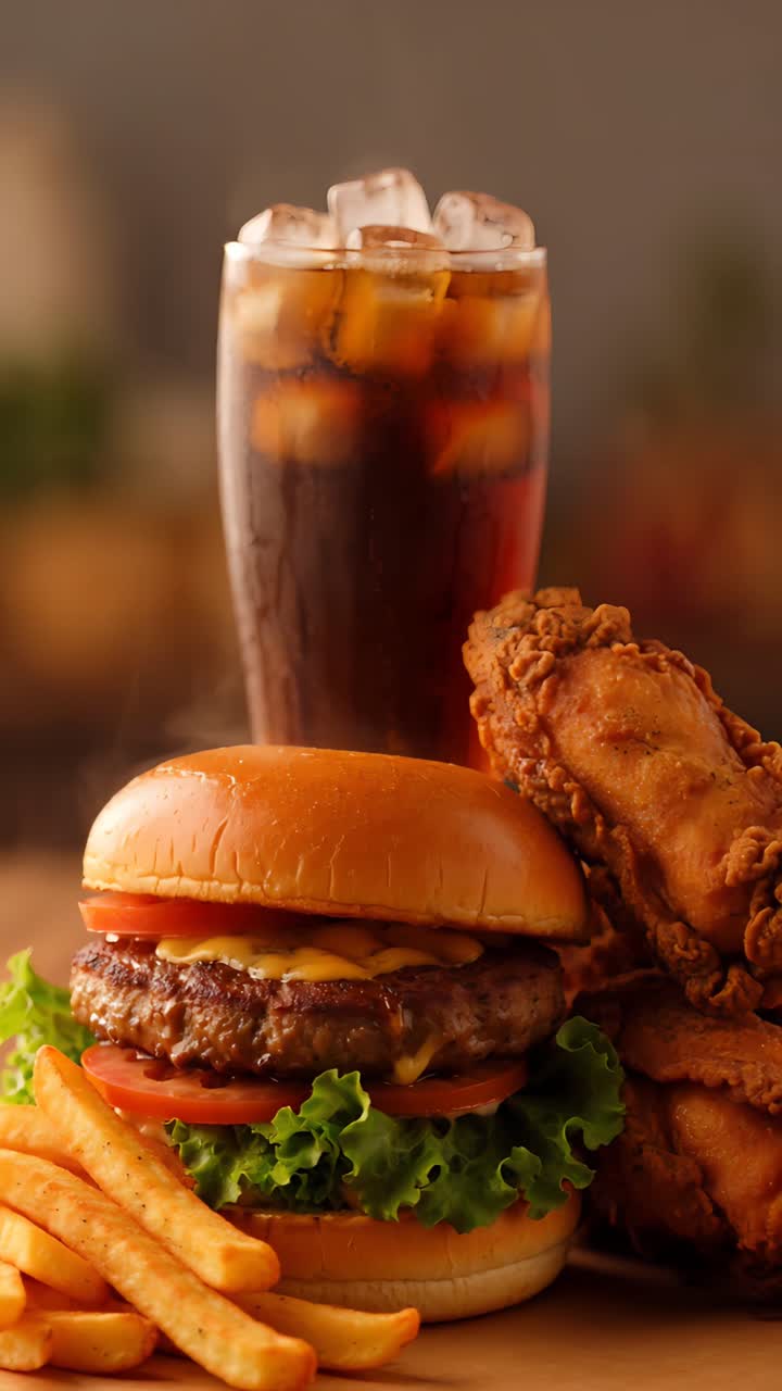 Hamburger 4K Fast Food con pollo fritto croccante e patatine fritte. Sfondo cinematografico.