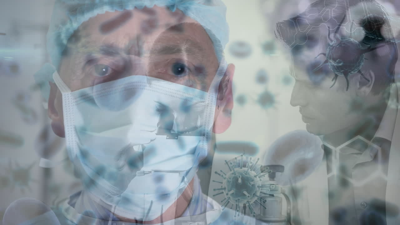 Animation of covid 19 cells over diverse surgeons wearing face masks in operating theatre