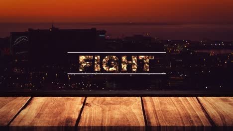animación de texto de lucha sobre el paisaje urbano por la noche.