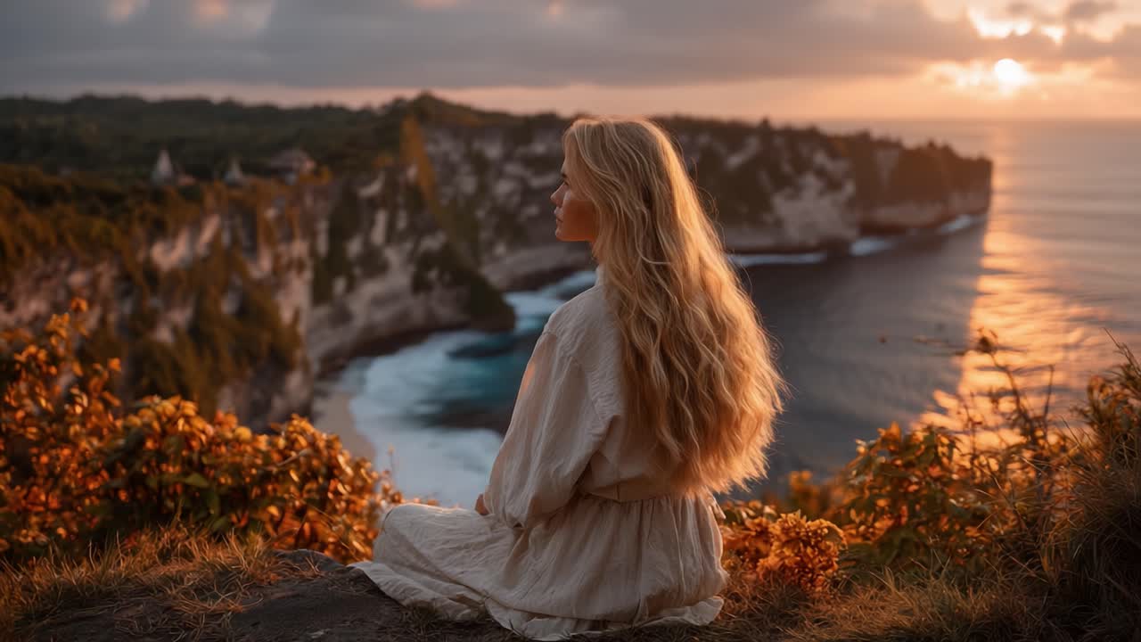 Serene Reflection: A Woman Sits on a Cliff Overlooking a Stunning Coastal Sunset, Embracing Nature's Beauty and Tranquility in a Peaceful Moment