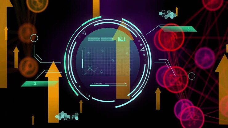 Animation of data processing and media icons over scope scanning
