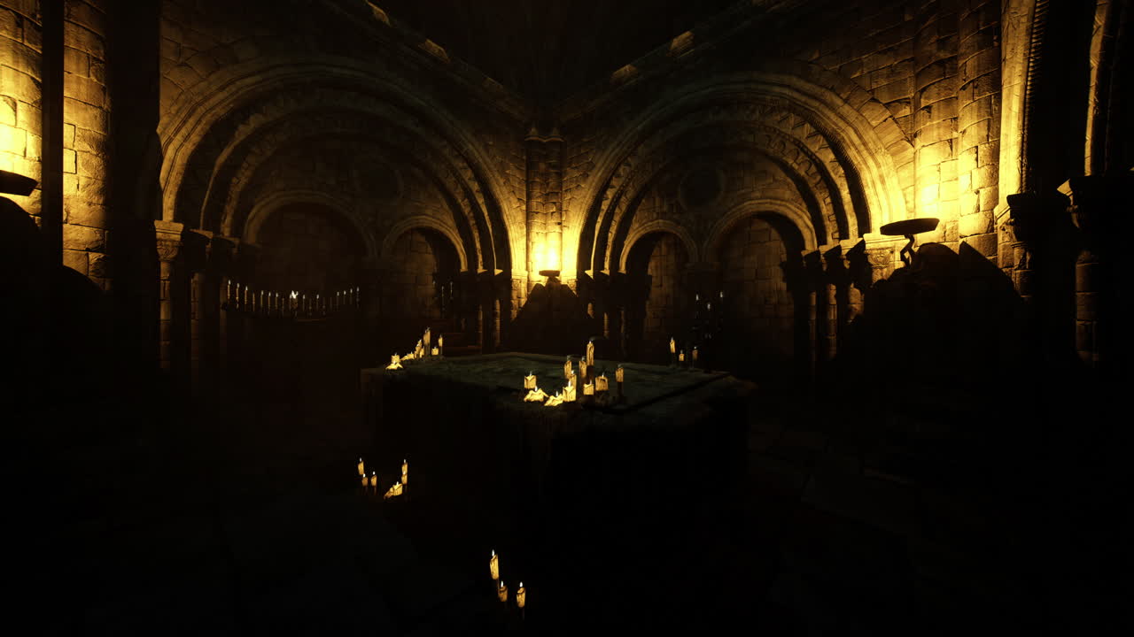 Mysterious underground chamber illuminated by flickering candlelight