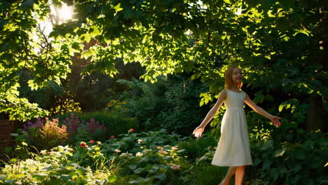 young girl walking through a sunlit garden