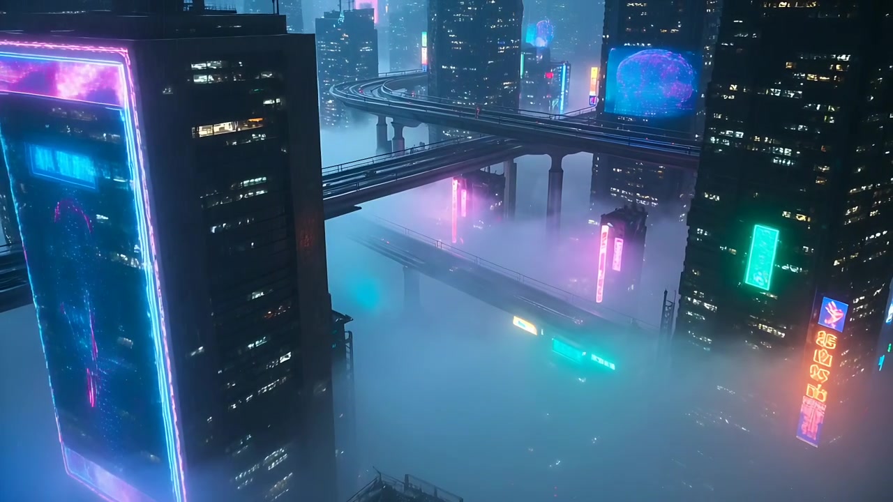 Panning camera showing neon towers and curved overpass at night, revealing holographic globe