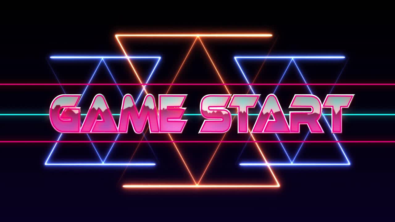 Triangoli al neon con linee pulsanti che si animano intorno a un segnale rosa brillante con scritto GAME START per indicare l'inizio del gioco