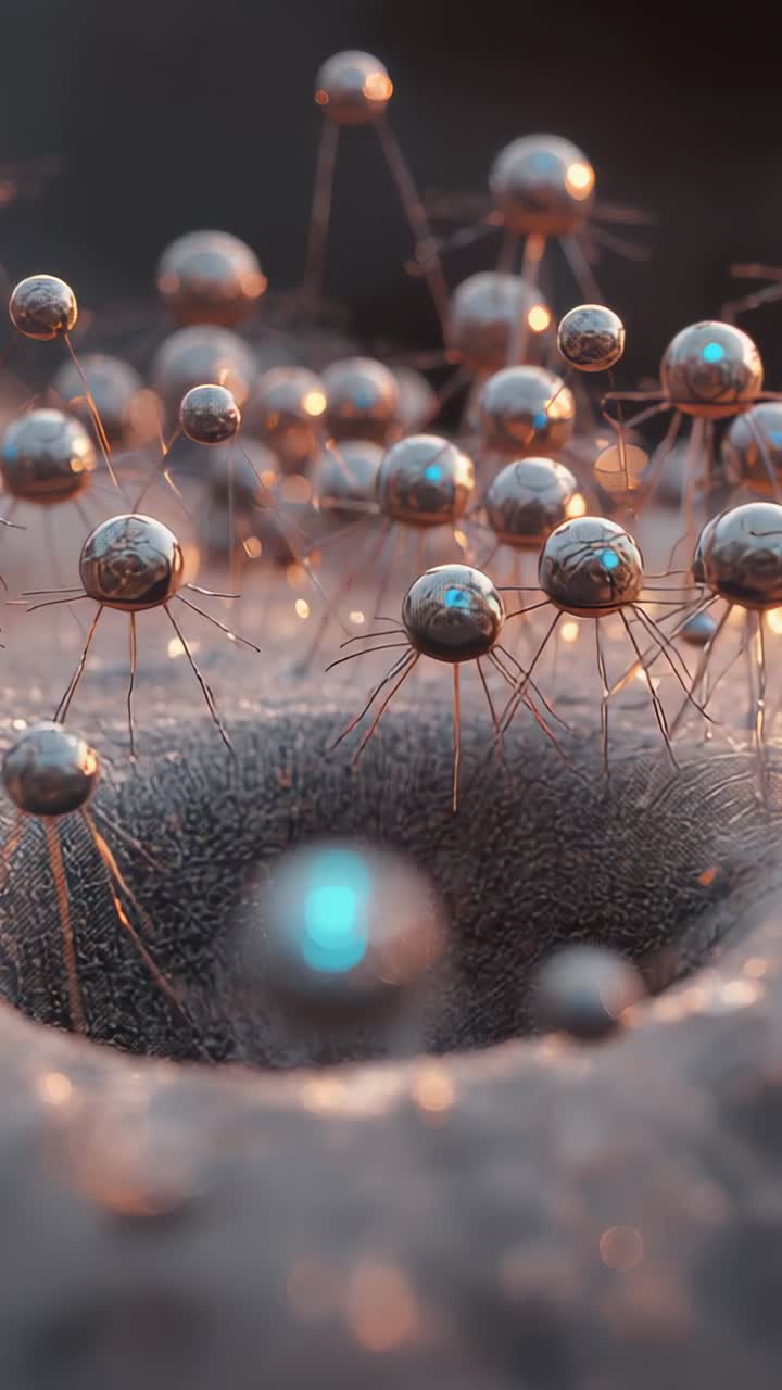 Vertical video: Shifting camera nudging metal orbs tilting moving to crater, clustering by cyan orb