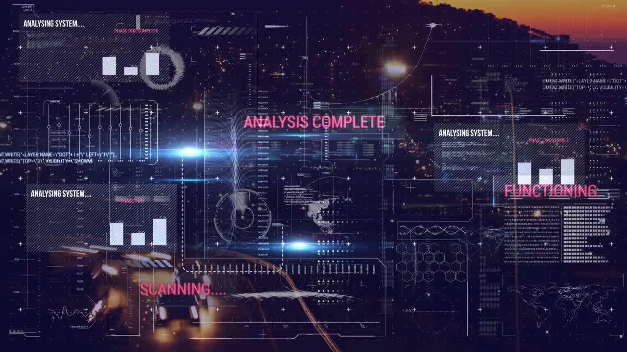Animation of digital screen with diverse data processing over night traffic