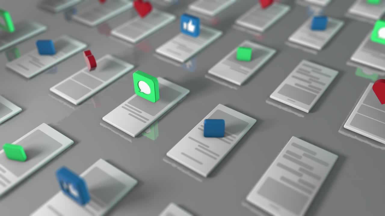 renderización 3d del fondo con los símbolos como, pulgar hacia arriba, mensaje recibido, correo electrónico recibido a través de teléfonos móviles. el concepto de una red social. animación cíclica.