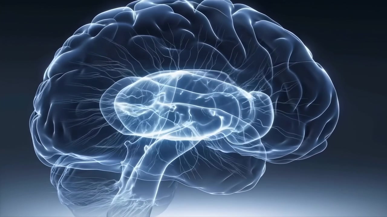 Transparent human brain centered against a dark background with blue white glow, neural line details, and a medical style digital appearance