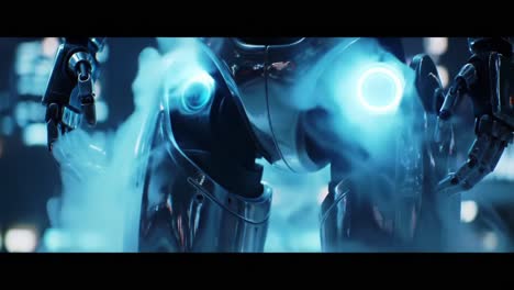 a close-up view of a futuristic robot's lower body with emitting fog and glowing lights, illustrating advanced technology and innovative design in robotics