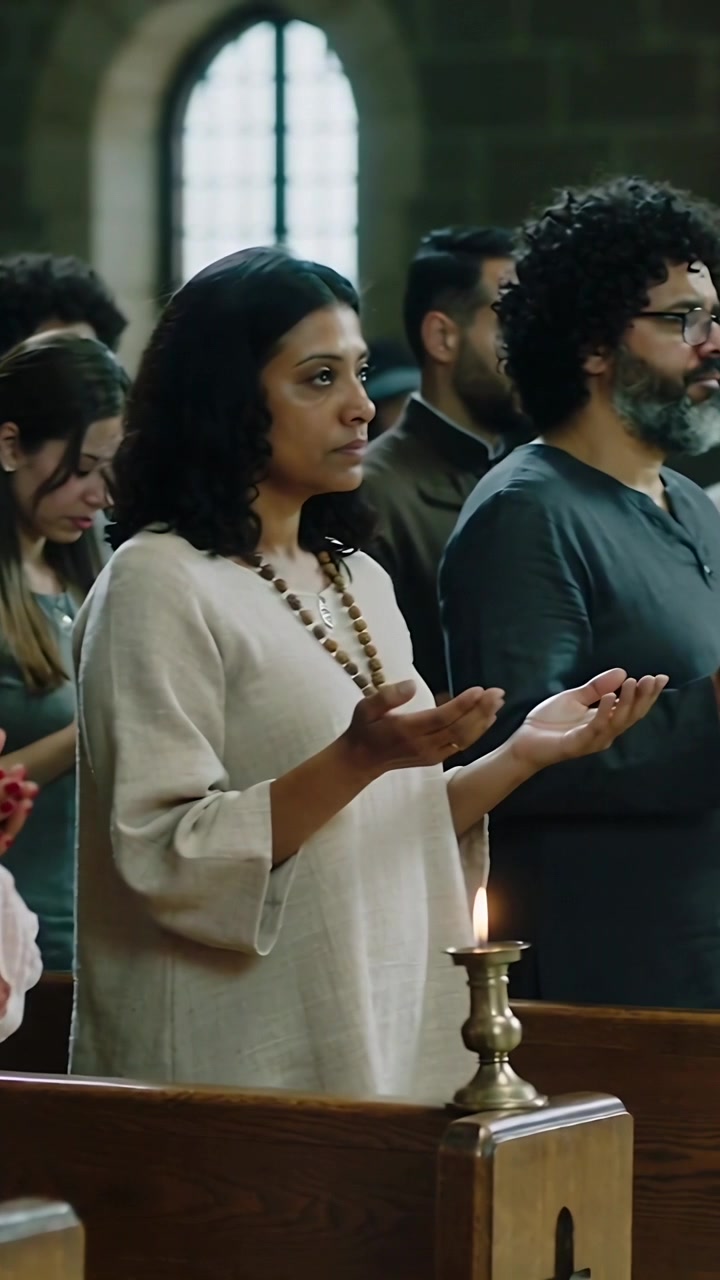 Vídeo vertical: Pessoas orando com túnicas, levantando as palmas das mãos na igreja, enquanto a câmera se move para a direita perto de velas.