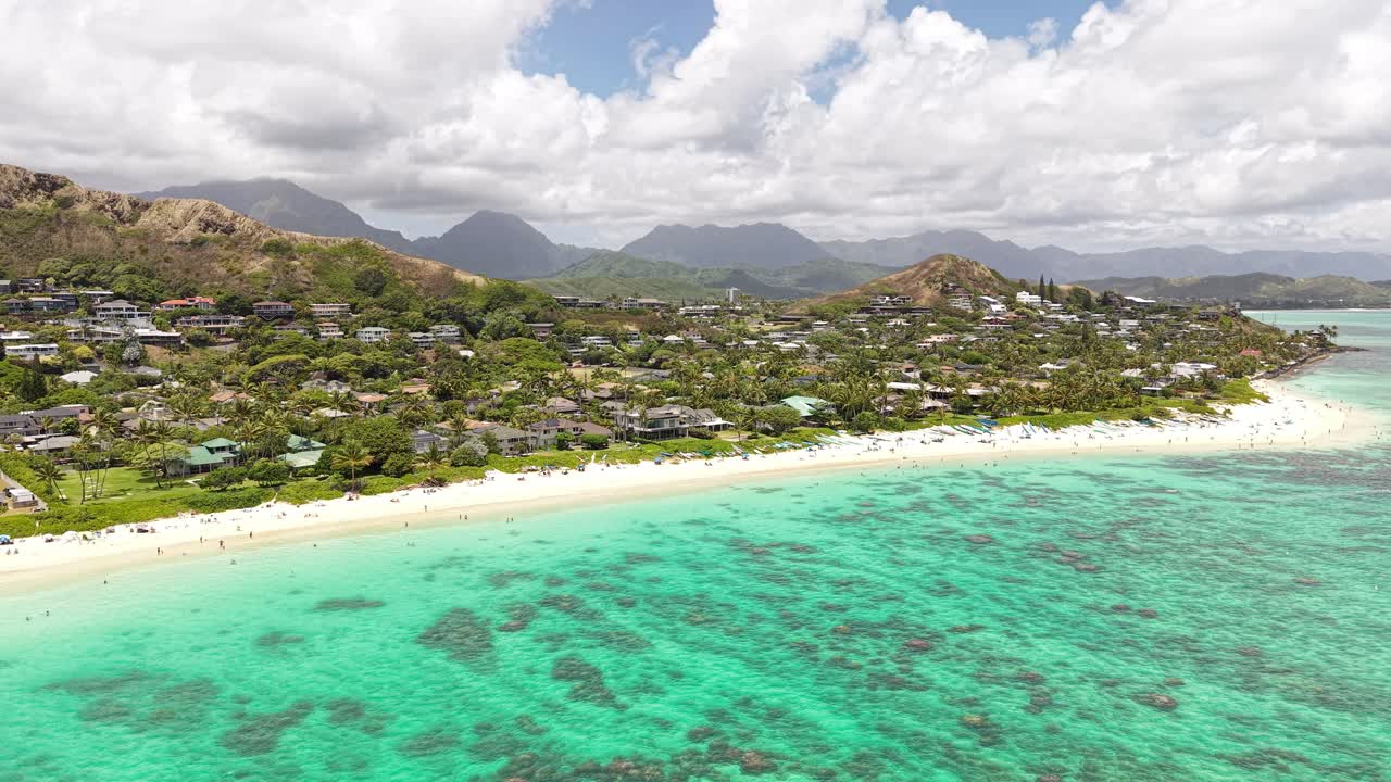 Drone Shot of LanikAI Beach, Picturesque Coastline of Oahu Island, Hawaii USA