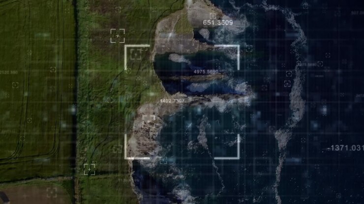 Animation of data processing and frames over landscape