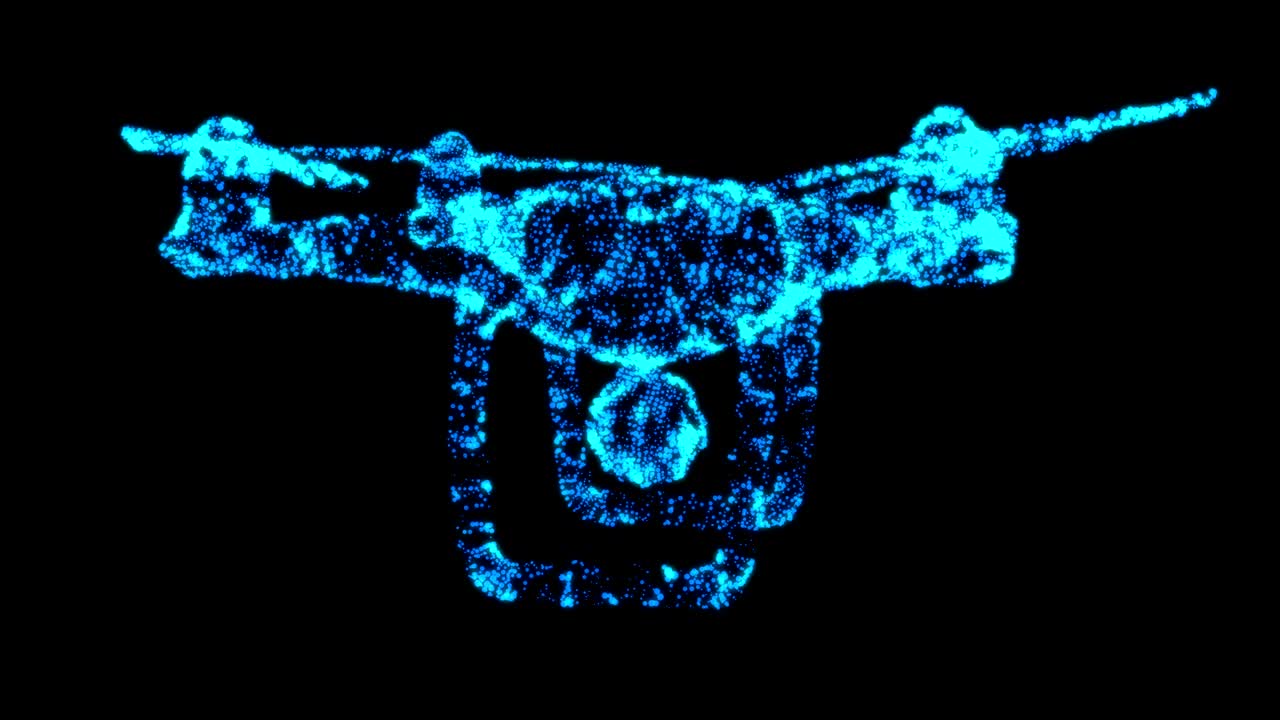 원격 제어 공중 드론: 액션 비디오 카메라와 함께 비행하는 드론: 와이어 프레임: 낮은 폴리 메쉬 사이버 스페이스 그리드 과학 및 기술