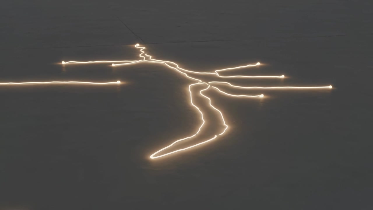 Spark sparking warm light trails, bright tips drawing and expanding on dark field forming network