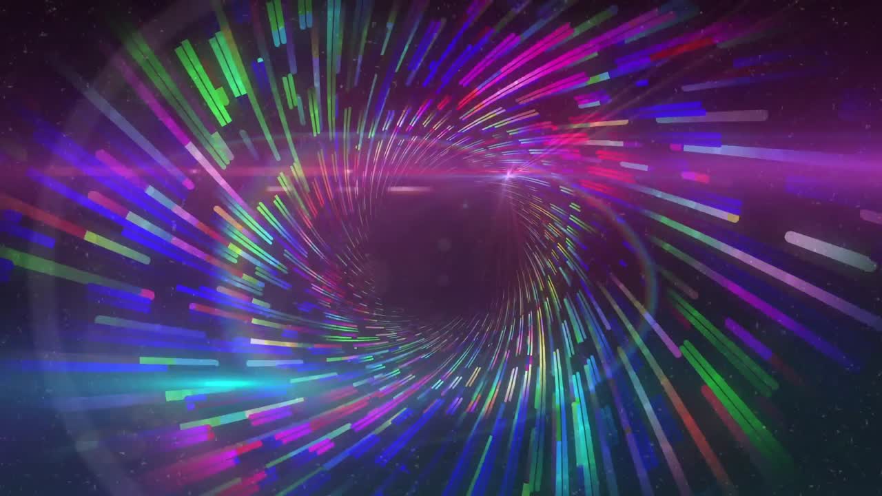 animación de senderos de luz giratorios y prisma sobre un fondo negro.