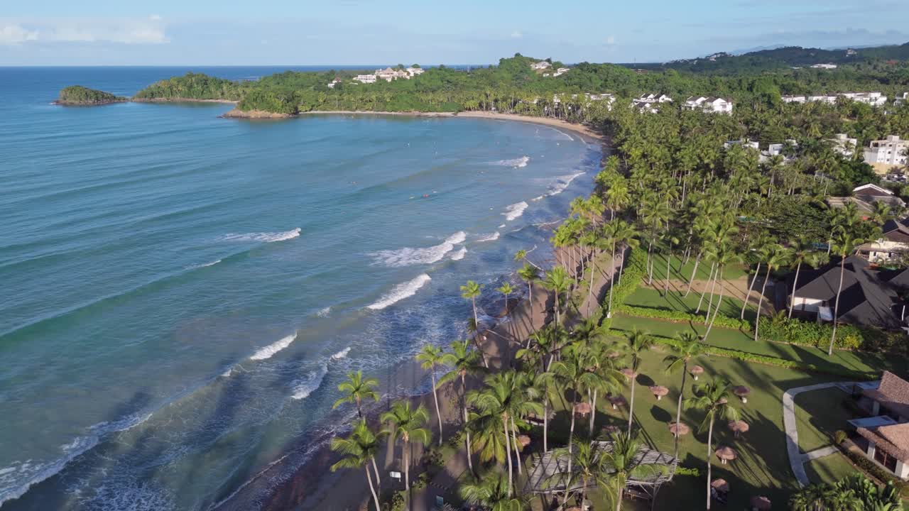Stunning Aerial View of Playa Bonita, Las Terrenas, Featuring Palm Trees and Golden Sand