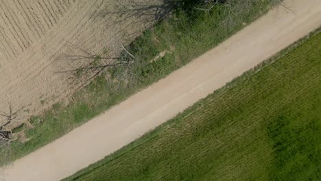 ojo de pájaro aéreo dando vueltas sobre camino de tierra en zona rural