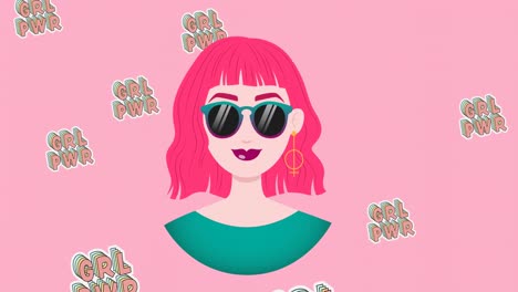 Animación-Del-Texto-Del-Poder-Femenino-Sobre-Una-Mujer-Con-Gafas-De-Sol