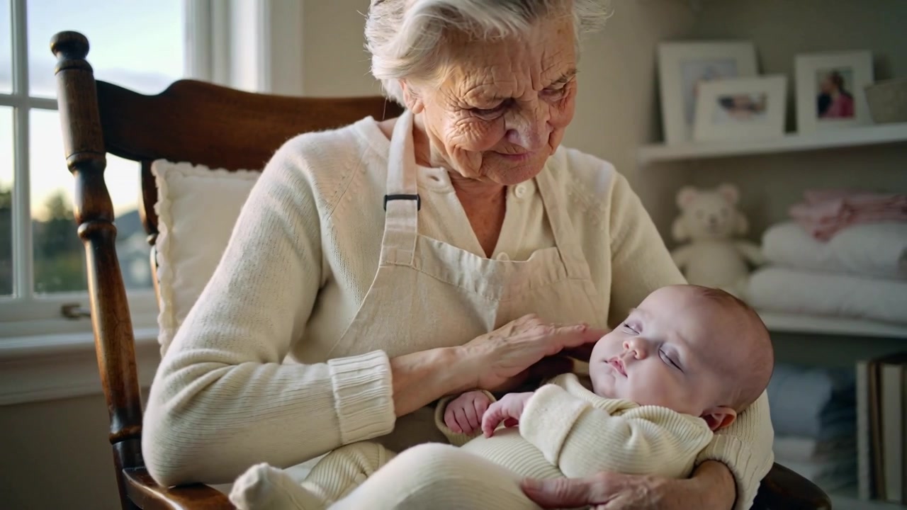 Eine Oma in cremefarbenem Pullover und Schürze wiegt ein Baby im Strampler, das sich im Schaukelstuhl am Fenster unruhig zeigte, und beruhigt es.