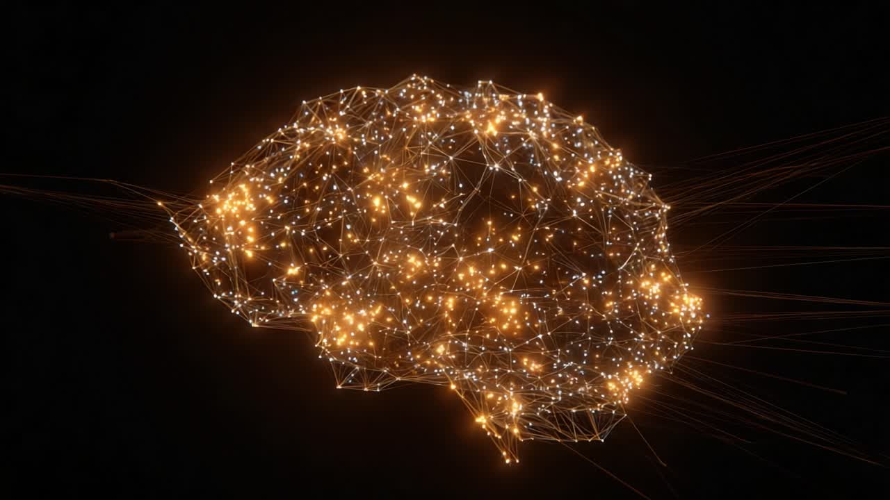 A digital representation of a neural network, showcasing a luminous brain composed of interconnected nodes and glowing pathways, symbolizing the complexity and beauty of human cognition and technology
