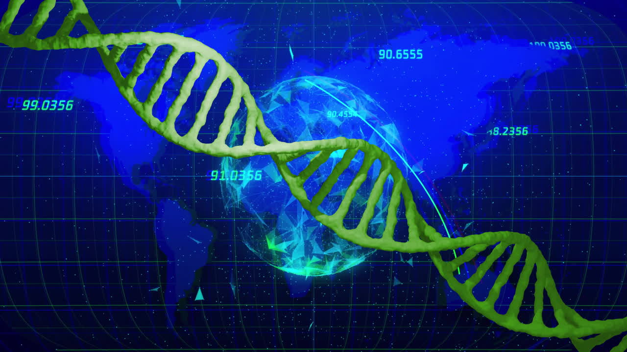 animación de la cadena de adn, globo y procesamiento de datos