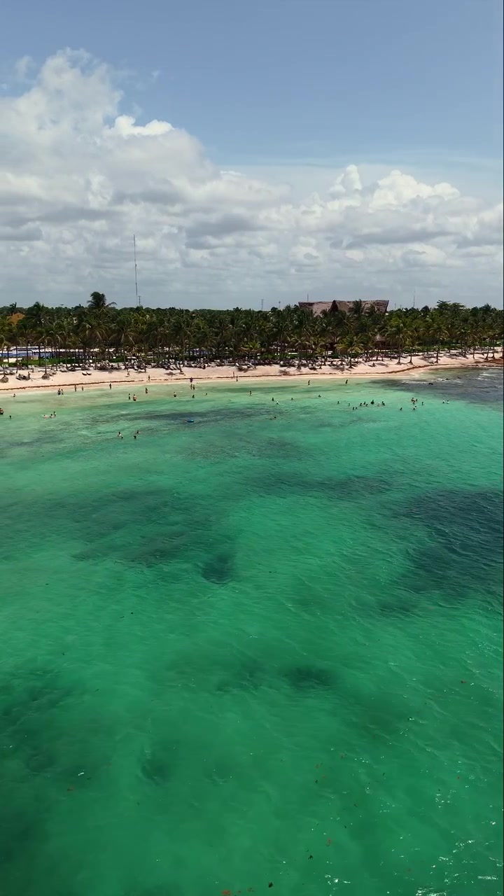 Toma aérea de playa de arena, turistas bañándose en el hermoso Mar Caribe y palmeras en Playa del Carmen, Cancún, México