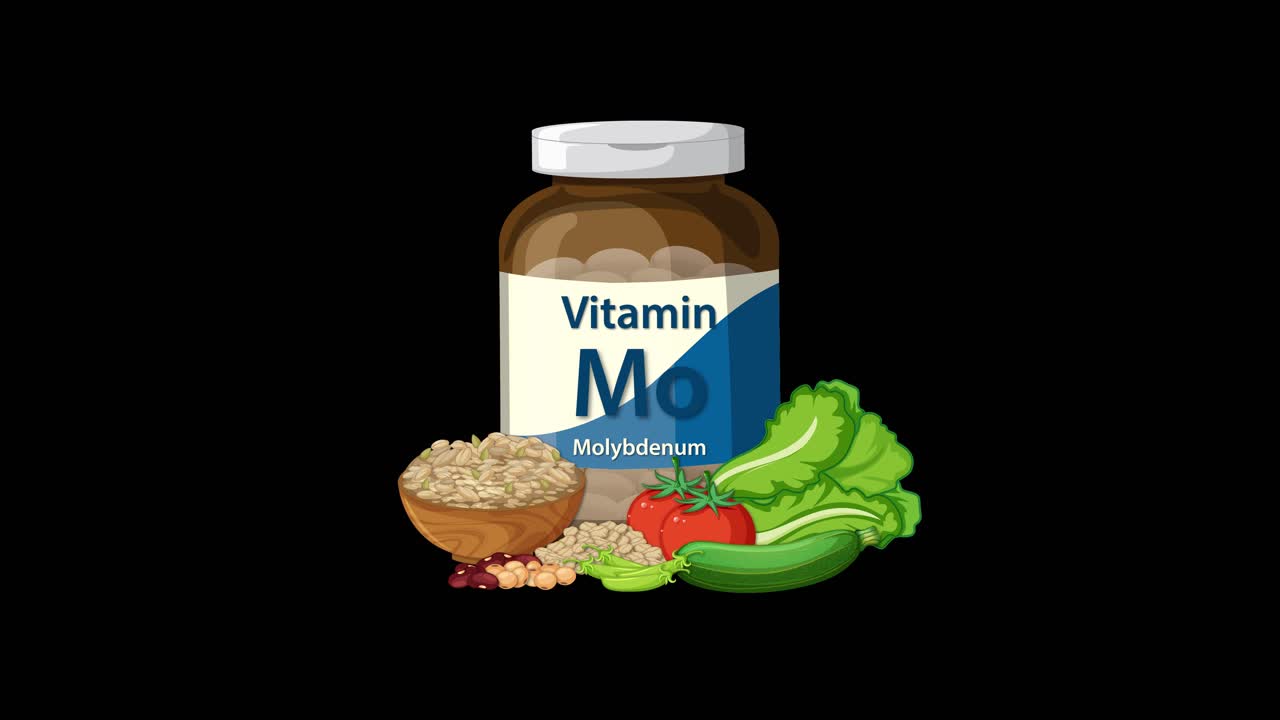 Vitamin molybdenum supplement bottle animates alongside grains, nuts, vegetables on black background