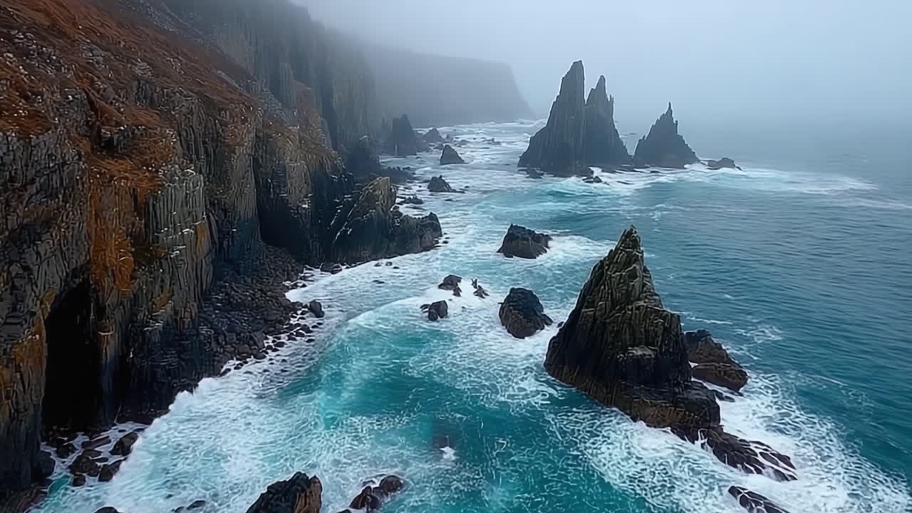 A Serene Coastal Landscape Featuring Majestic Rock Formations and Turquoise Waters Under a Misty, Foggy Sky, Capturing the Beauty of Nature's Untamed Coastline
