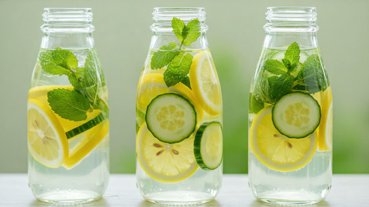 Refreshing Lemon Cucumber Mint Infused Water in Bottles Ready to Hydrate Your Summer Days with Natural Flavors and Vibrant Colors