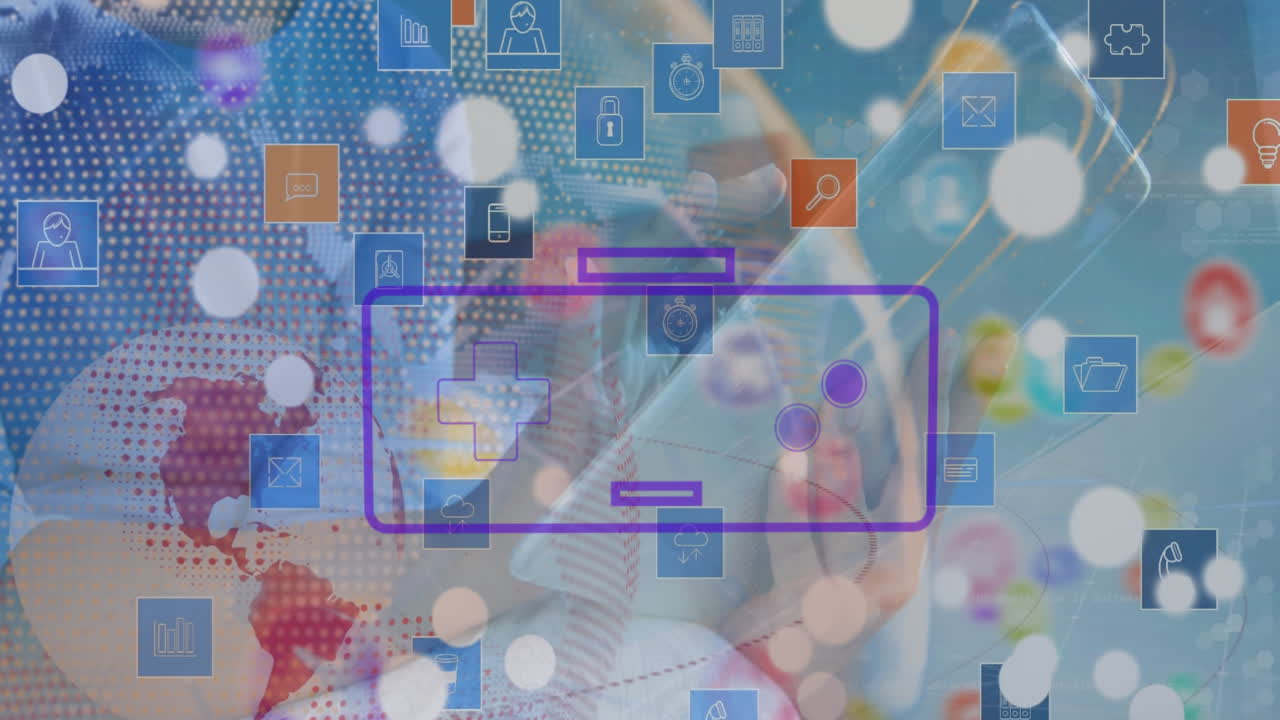 디지털 태블릿을 사용하는 백인 남자의 절단된 손에 있는 글로브, 게임 콘솔 및 아이콘의 애니메이션