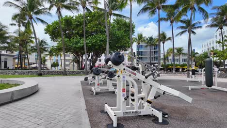 public sports ground, outdoor gym exercise machines, fitness training in the open air, no people, morning dawn.outdoor gym in miami south beach florida