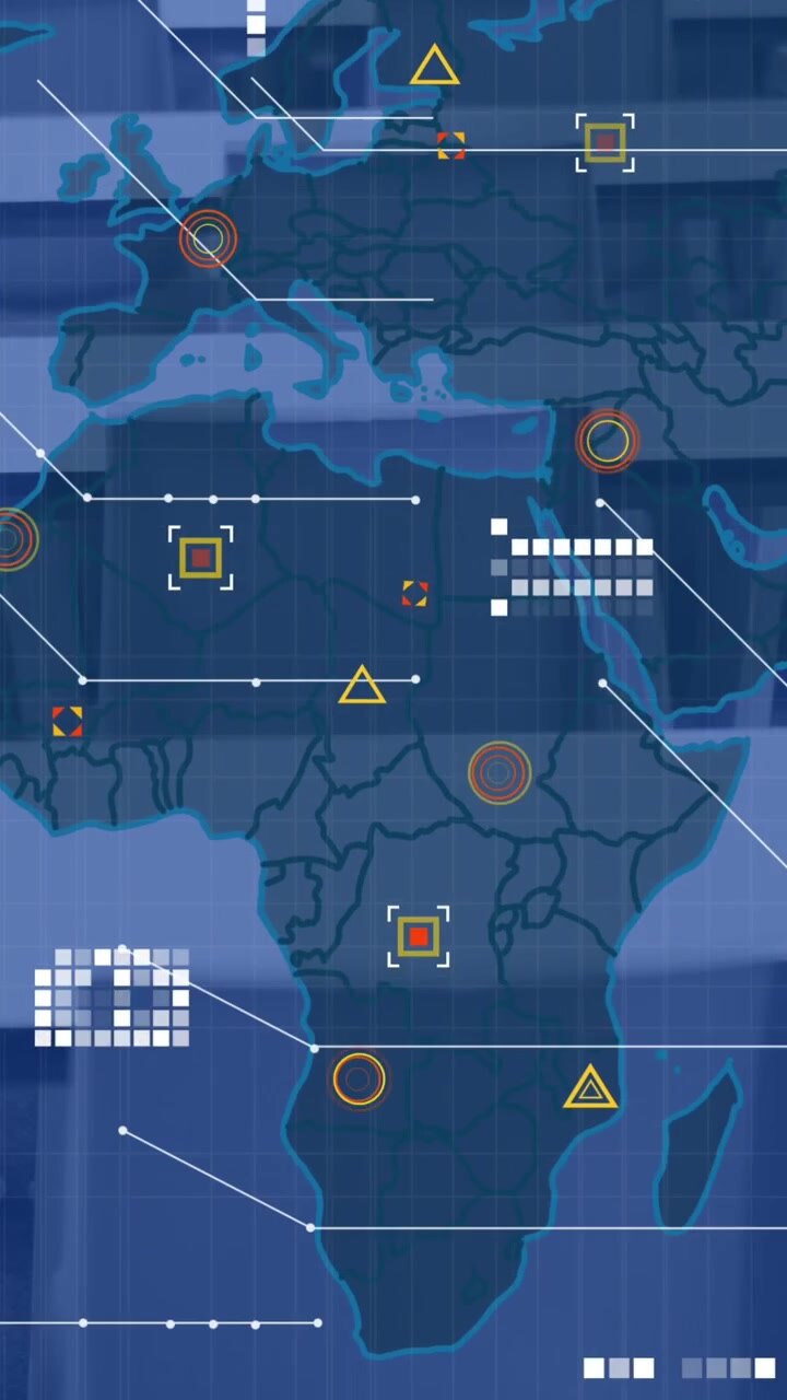 Animation of data processing with world map over empty desks in office