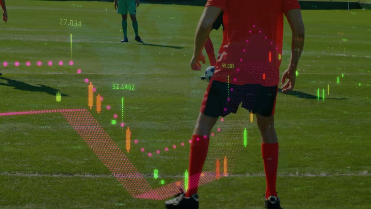 Animation of data processing over diverse soccer players playing at stadium