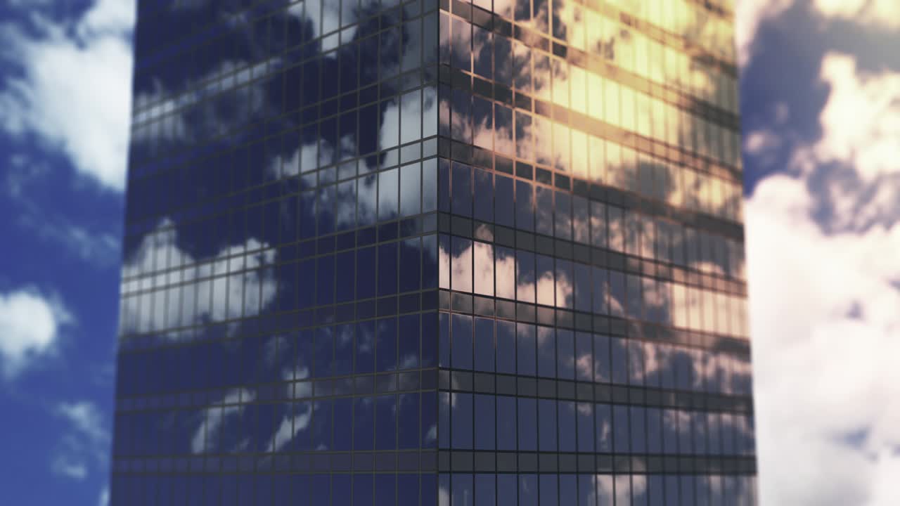 ventanas de edificios de oficinas y vista aérea en edificios de rascacielos con muchas oficinas corporativas de empresas exitosas. bienes raíces para alquiler y uso comercial, animación 3d abstracta sin costuras