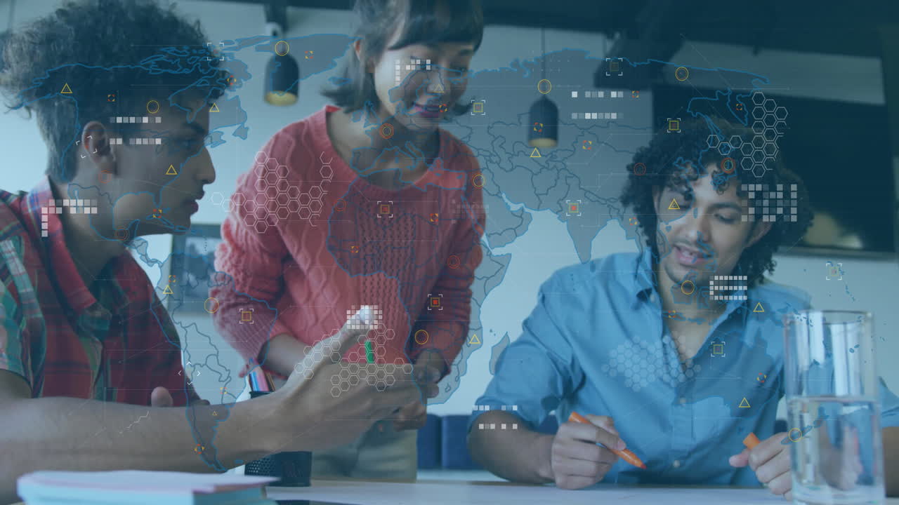Diverse team collaborating on project with world map and data overlay animation