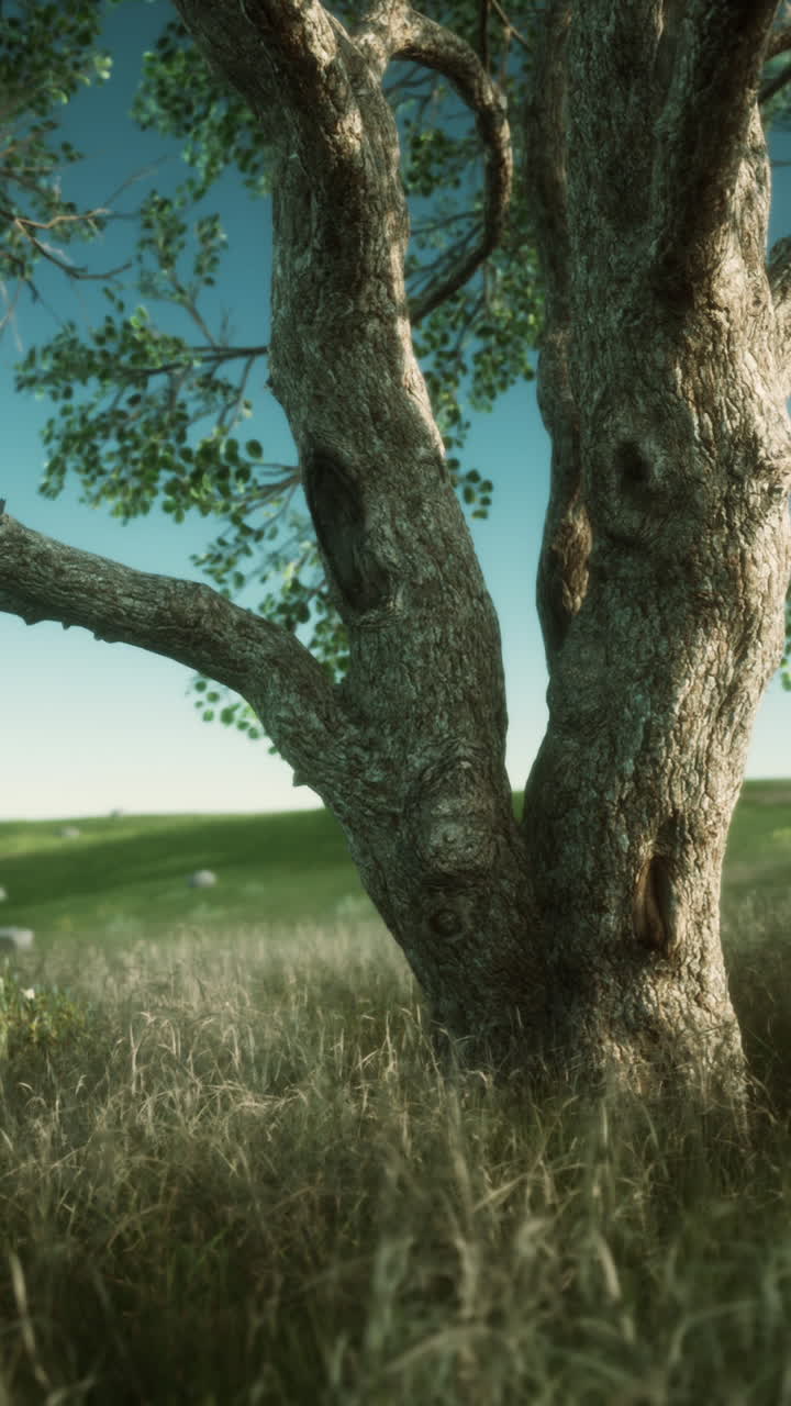 A close-up of a large tree in a grassy field with blue sky